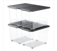 Rotho CORE PLUS Lot de 4 boîtes de rangement 65 l – 59 × 39,5 × 41,2 cm – Boîtes en plastique avec couvercle, poignées et roulettes verrouillables, adaptées au contact alimentaire, empilables