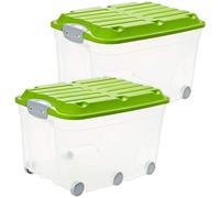 Rotho Roller 6 Ensemble de 2 boîtes de rangement 57l avec couvercle et roulettes, Plastique (PP) sans BPA, transparent/vert, 2 x 57l (60.0 x 40.0 x 37.0 cm)