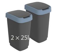 Rotho Twist Lot de 2 poubelles avec couvercle de 25 l - Poubelle de cuisine et centre de recyclage - Avec couvercle basculant et couvercle à charnière - Fine et peu encombrante - Facile à nettoyer