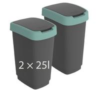 Rotho Twist Poubelle Cuisine 2 x 25 L Poubelle Tri Sélectif Anthracite/Vert | Poubelle de tri, 2 bacs séparés avec couvercles basculants et rabattables, rebord cache-sac, forme étroite, facile à nettoyer