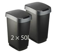 Rotho Twist poubelle cuisine 50 litres lot de 2 bacs anthracite/argenté | Poubelle tri sélectif, 2 bacs séparés, couvercle basculant ou relevable, autocollants inclus, bord cache-sac, plastique PP