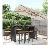 Rotin poly résistant aux intempéries style tendance ensemble 9 pièces noir | Ensemble Bar Jardin 9 Pieces Poly Rotin Bois Acacia Table Verre Treme Tendance Exterieur