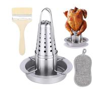 Rôtissoire à Poulet Barbecue en Acier Inoxydable, Support à Poulet pour Canette de Bière, Grille Poulet Vertical, Support à Volaille en Fonte Démontable, Récipient Aromatique Amovible, Bac d'Égouttag
