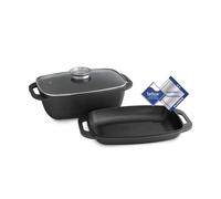 Rôtissoire, Roaster, Cocotte ovale en fonte d'aluminium avec couvercle en verre et bouton aroma intégré, purge à vapeur, antiadhésif - 7 litres avec couvercle de gril supplémentaire