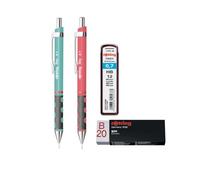 rOtring Tikky Lot de 2 porte-mines 0,7 mm (bleu mer et corail) + mines HB de 0,7 mm + gomme - Kit d'écriture haut de gamme pour l'école, le dessin et le bureau