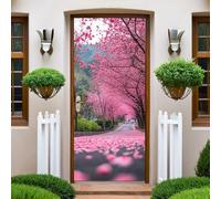 Rouge Autocollant Porte fleurs de cerisier Stickers de Porte 73x204 cm PVC Auto-Adhésif Imperméable Trompe L'oeil Papier Peint Muraux pour Cuisine Chambre Salle de Bain Decor