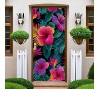 Rouge Autocollant Porte fleurs d'hibiscus et feuilles de palmier Stickers de Porte 73x204 cm PVC Auto-Adhésif Imperméable Trompe L'oeil Papier Peint Muraux pour Cuisine Chambre Salle de Bain Decor
