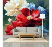 Rouge Papier Peint Panoramique Intissé 200L x 140H cm, Peinture l'Huile Beaux-Arts Botanique Floral Fresque Murale pour Chambre et Bureau Salle de Jeu - Rouge Papier Peint Panoramique Facile à Poser