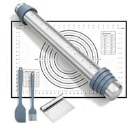 Rouleau à Pâtisserie Antiadhésif,Rouleau à Pâtisserie en Acier Inoxydable | avec 8Anneau en Silicone Réglable,avec Tapis de Cuisson en Silicone et Grattoir pour Pâtisserie à Rouler Pâte