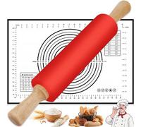 Rouleau à pâtisserie en silicone Unyqoos® de 43,2 cm avec tapis de cuisson et de mesure de 40 x 60 cm, support en acier inoxydable, manche en bois naturel – antiadhésif, antidérapant, accessoire de pâ