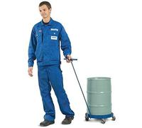 Rouleau de manutention en acier, avec revêtement époxy bleu, conçu pour les fûts de 60 litres, comprenant une barre de traction pour une manipulation ergonomique, 4 roulettes pivotantes et 4 crochets