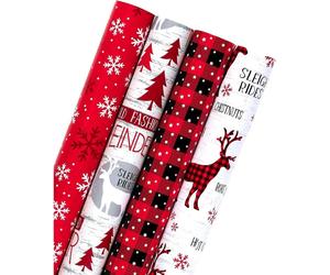 Rouleau de papier de Noël Scènes de forêt rustiques de vacances Flocon de neige Rouge Plaid d'élan