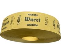 Rouleau de tickets « Saucisses » jaune, trilingue, 1 000 tickets perforés, numérotés en continu