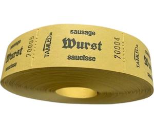 Rouleau de tickets « Saucisses » jaune, trilingue, 1 000 tickets perforés, numérotés en continu