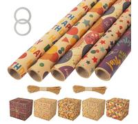 Rouleau papier cadeau 5, 43 cm x 300 cm, éco-kraft, papier anniversaire naturel, motif mixte marron et coloré, coffret cadeau papier cadeau anniversaire