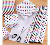 Rouleaux de papier cadeau d'anniversaire - 4 rouleaux - 43 cm x 3 m - Arc-en-ciel - Papier cadeau - Film coloré - Motifs d'anniversaire - Fête - Vacances - Baby shower