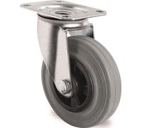Roulette pivotante - 200 mm, capacité de charge 205 kg, avec plaque de fixation, roulement à rouleaux en polypropylène, caoutchouc plein, gris