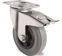 Roulette pivotante avec frein total, roue de 200 mm, capacité de charge de 205 kg, avec plaque de fixation à visser, roulement à rouleaux, caoutchouc plein gris
