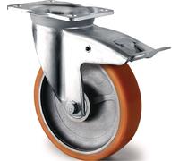 Roulette pivotante pour charges lourdes - Roue de 200 mm, capacité de charge 1 000 kg, frein total, polyuréthane gris, 135 mm x 110 mm