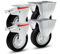 Roulettes de transport Poids Lourds Roulettes 4 stück| 2 x roulettes fixes et 2 x Roulette Avec Frein | 75 mm jusqu'à 200 mm de diamètre - Caoutchouc Noir - Entièrement en caoutchouc avec jante en acier, Ø 200 mm