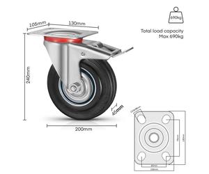 Roulettes de transport pour meubles - Roulettes robustes pour charges lourdes - Lot de 8 roues de 200 mm - Avec frein - Fixes, idéales pour les chariots de déménagement et les machines