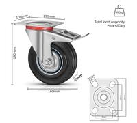 Roulettes pour meubles - Roulettes fixes - Version pour charges lourdes - Avec frein - Diamètre des roues : 160 mm - Lot de 4 pièces