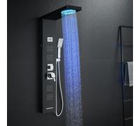 ROVOGO Colonne de Douche Hydromassante LED Noir, Écran température, 4 Modes | Panneau de Douche Mitigeur : Pommeau Pluie, Jets Massage, Douchette à Main 3 Modes, Bec Baignoire, Acier Inox, Montage Mural