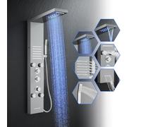 ROVOGO Colonne de Douche Thermostatique Brossée LED, 2 Modes-jets, 6 Modes | Panneau Douche Inox avec Mitigeur, Pommeau Pluie Cascade, 2 Jets-modes Massants, Douchette Main, Bec Baignoire, Montage Mural