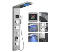 ROVOGO Colonne Douche Hydromassante LED Brossé, Écran température, 5 Modes | Panneau Douche Mitigeur sans Batterie Inox, Pommeau Pluie, Brume, 3 Jets Massage, Douchette Main, Bec Baignoire Montage Mural