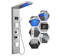 ROVOGO Colonne Douche Hydromassante LED Brossé, Écran température, 5 Modes | Panneau Douche Mitigeur sans Batterie Inox, Pommeau Pluie, Brume, 2 Jets Massage, Douchette Main, Bec Baignoire Montage Mural
