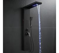 ROVOGO Panneau Colonne de Douche Hydromassante LED Totalement noire 5 Modes | Colonne de Douche Mitigeur, Pommeau Pluie & Cascade, Jets Massage, Douchette à Main, Bec Baignoire, Acier Inox, Montage Mural