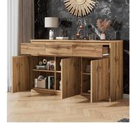 ROVRYN Buffet bas 135 x 40 x 81 cm 3 portes 3 tiroirs décor bois naturel en panneaux de particules