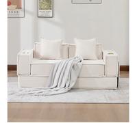 ROVRYN Canapé convertible 2 places en velours côtelé beige modulable avec 2 coussins et porte-gobelets