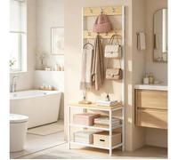 ROVRYN Vestiaire d'entrée 3 en 1 60 x 31,5 x 170 cm avec 7 patères doubles, 2 étagères, métal et effet bois blanc