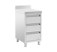 Royal Catering Meuble bas en inox - 50 x 60 cm - 186 kg - 3 tiroirs - avec dosseret Plan de travail avec rangement Meuble cuisine bas Armoire de travail inox Buffet de cuisine