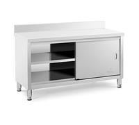 Royal Catering Meuble Bas En Inox Plan De Travail Professionnel Cuisine Armoire Basse Adossée RCSSCB-150x60-E-B (600 kg max., 150 x 60 x 85 cm, Dosseret 10 cm, 2 Portes Coulissantes, Acier Inoxydable)