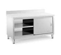 Royal Catering Meuble Bas En Inox Plan De Travail Professionnel Cuisine Armoire Basse Adossée RCSSCB-150x70-E-B (600 kg max., 150 x 70 x 85 cm, Dosseret 10 cm, 2 Portes Coulissantes, Acier Inoxydable)