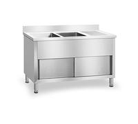 Royal Catering Plonge Professionnelle Armoire sous Evier Inox RCHS-1400WS (64x140x95,5cm, 2 bacs et 2 portes coulissantesn, bordure 10 cm, pieds réglables en hauteur, inox)