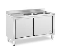Royal Catering RC-IKS01 Plonge En Inox Professionnelle Sur Meuble Bas Armoire Placard Avec Évier Acier Inoxydable (2 bacs : 500 x 400 x 300 mm, Hauteur du dosseret : 100 mm, Pieds Réglables)