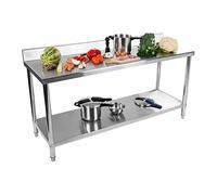 Royal Catering Table De Travail Adossée Cuisine Plan Professionnel Table Préparation Confection Boucher Avec Tablette Étagère RCAT-180/60-N (180x60cm, Capacité 250 kg, 2 Niveaux, Dosseret 11 cm, Inox)