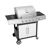 Royal Gourmet Barbecue Gaz à 4+1 Brûleurs en Acier Inoxydable, Gril à Gaz de Puissance 14,5kW avec Tablettes et Thermomètre, 2 Roues Directionnelles, 2 Portes, Adapté pour Jardin et Extérieure, Argent