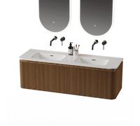 Royal Plaza Terra Edge Ensemble meuble de salle de bains - 140x45.5x46cm - vasque en céramique blanc brillant - 2 vasques - sans trous de robinet - 2 tiroirs - sandwood (chêne clair) SW1449116/SW14183