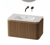 Royal Plaza Terra Edge Ensemble meuble de salle de bains - 80x45.5x46cm - vasque en céramique blanc brillant - 1 vasque - sans trous de robinet - 2 tiroirs - sandwood (chêne clair) SW1449110/SW1418354