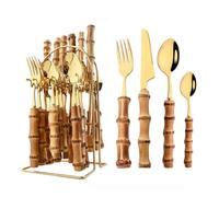 Royal Shang Youpin Véritable Manche en Bambou Cuisine en Acier Inoxydable Argenterie Vaisselle Couverts Couverts Couteaux Fourchettes Cuillères Ensemble Maison (Or,24 pièces/Range-Couverts)