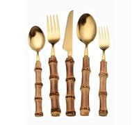 Royal Shang Youpin Véritable Manche en Bambou Cuisine en Acier Inoxydable Argenterie Vaisselle Couverts Couverts Couteaux Fourchettes Cuillères Ensemble Maison (Or,5 pièces)