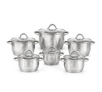Royal Swiss Batterie de Cuisine 12 Pièces Inox 18/10, Set 5 Casseroles 16/18/20/22/24/26 cm avec Couvercles Verre, 29 L, Fond Tri-Ply, Induction Gaz Vitrocéramique Halogène
