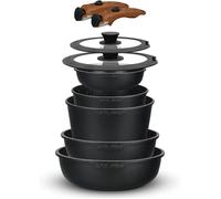 Royal Swiss Batterie de Cuisine 9 Pièces Beige - Poignées Amovibles - Induction Tous Feux - Sans PFAS - Noir