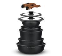 Royal Swiss® Batterie de Cuisine 9 Pièces Induction - Poêles & Casseroles avec Poignées Amovibles - Revêtement Antiadhésif Effet Granit Sans PFAS - Couvercles Verre - Tous Feux (Noir)