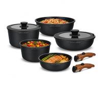 Royal Swiss Batterie de Cuisine 9 Pièces Noire, Poêles et Casseroles Antiadhésives Effet Granit, Poignées Amovibles, 2 Couvercles Verre, Tous Feux Induction Gaz Vitrocéramique