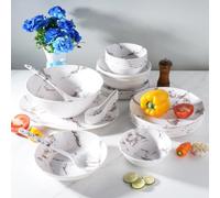 Royal Swiss Ensemble de vaisselle en mélamine 34 pièces pour 6 personnes, Design marbre blanc, Résistant aux chocs, Facile à empiler, Passe au lave-vaisselle, Vaisselle de camping pour la maison, le